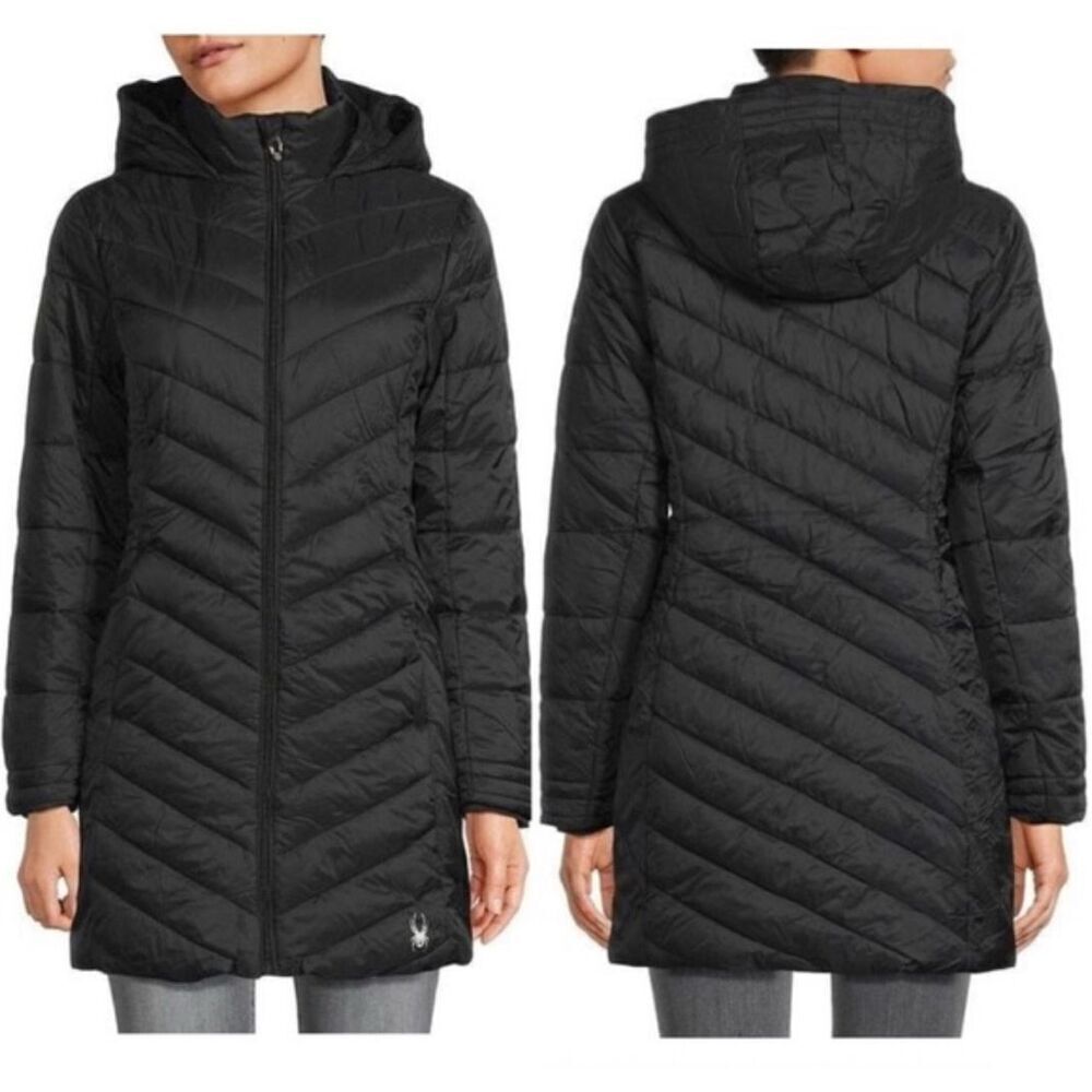 Spyder Black puffer thermal Hooded quilted long jacket front zipper L